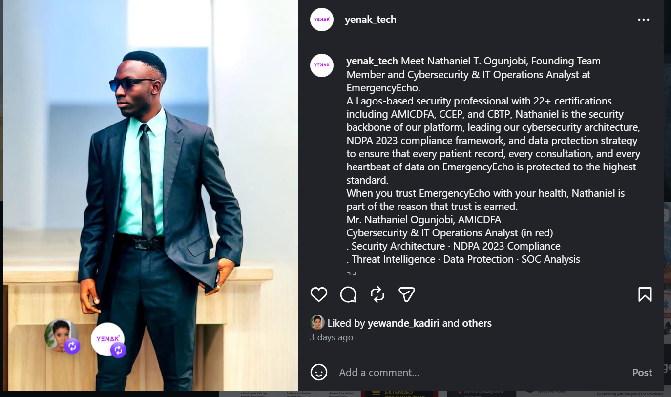 Meet Nathaniel T. Ogunjobi, Founding Team Member and Cybersecurity & IT Operations Analyst at EmergencyEcho